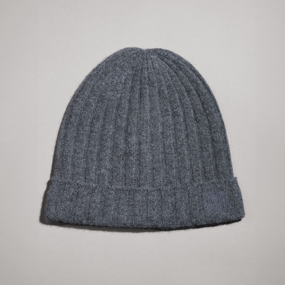 MA71 Cashmere Beanie by Mawei, grey-brown, flat lay.
