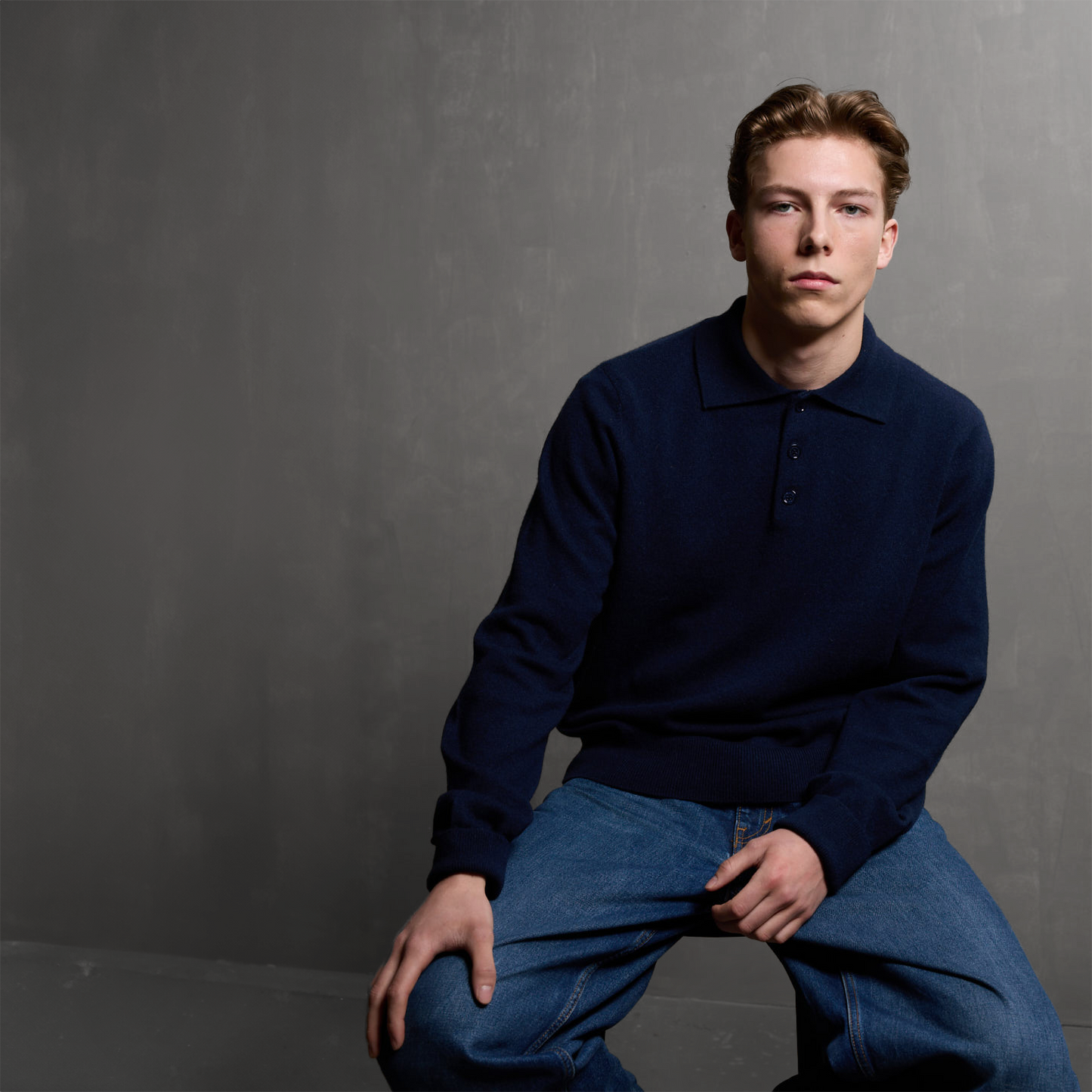 MA25 Cashmere Polo Sweater by Mawei, navy blue, front view, male model.