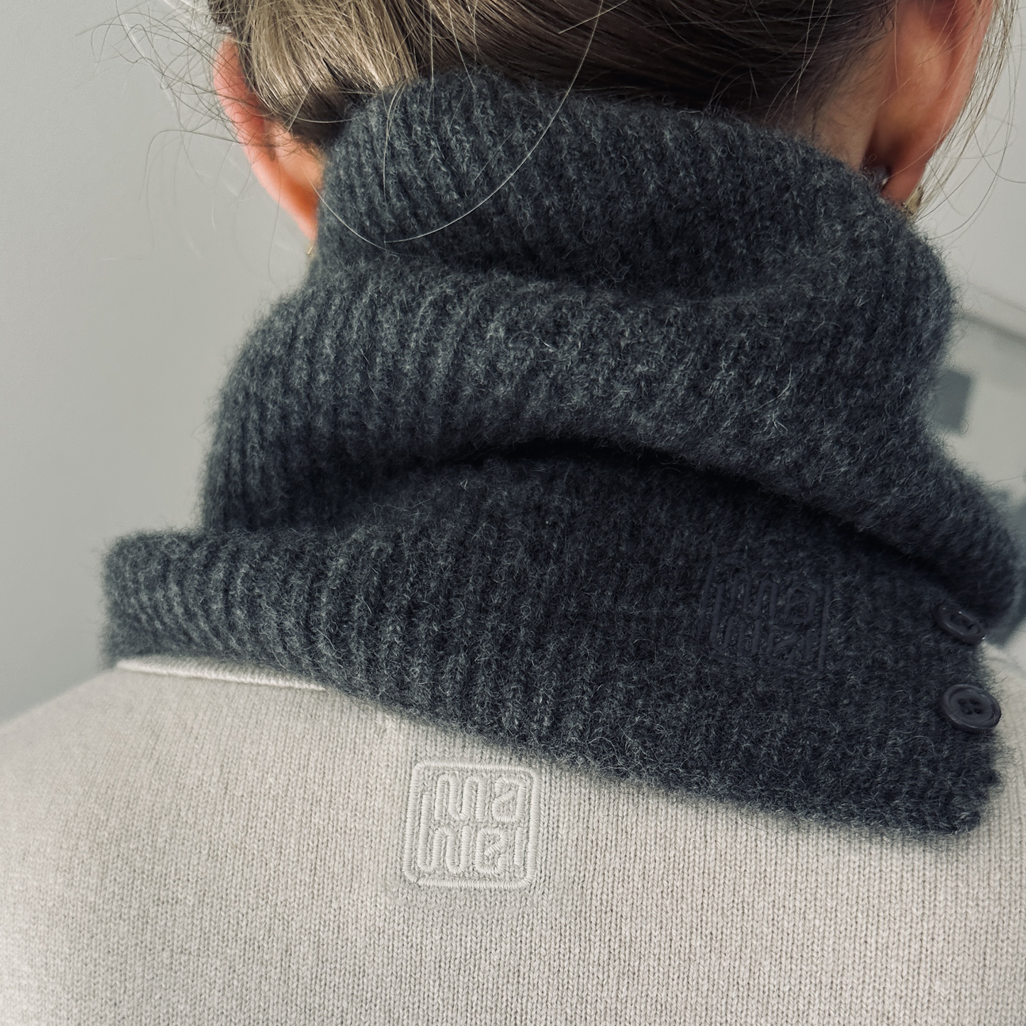 MA61 Cashmere Buff with Buttons by Mawei, grey, rear view, rib, button, fabric texture , logo embroidery close-up.