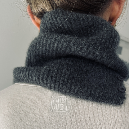 MA61 Cashmere Buff with Buttons by Mawei, grey, rear view, rib, button, fabric texture , logo embroidery close-up.