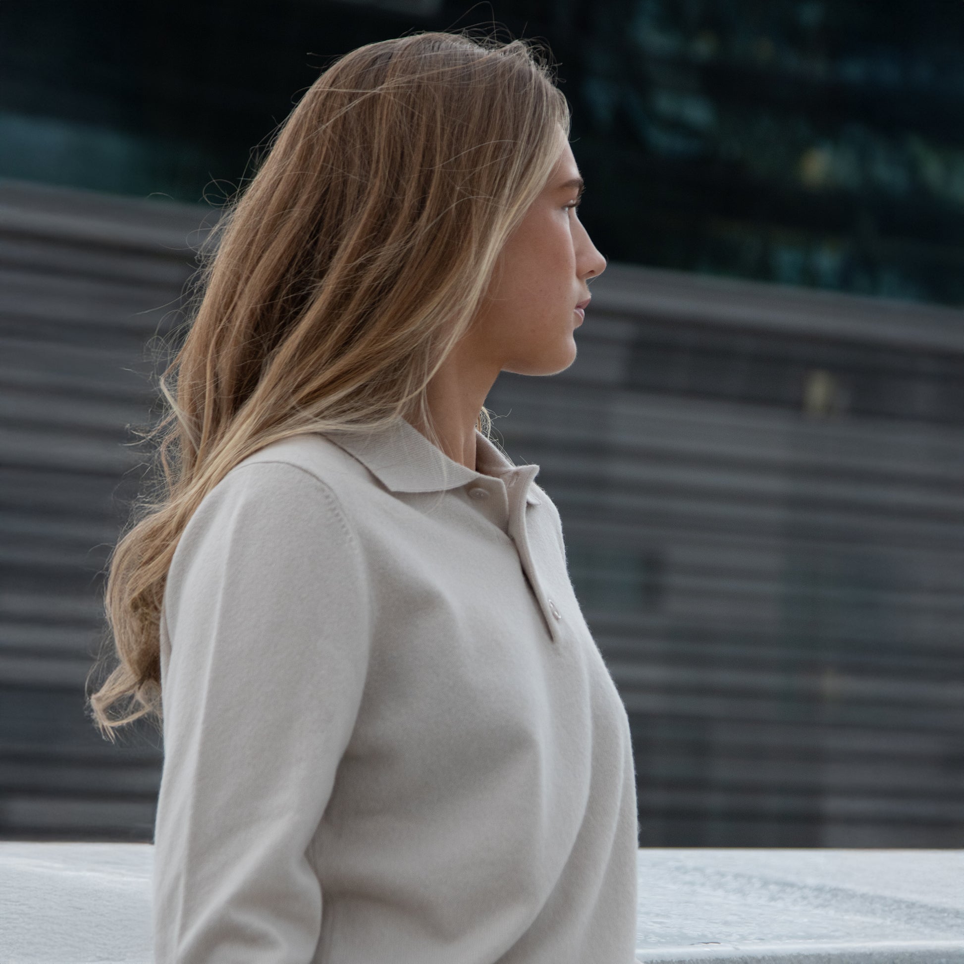 MA25 Cashmere Polo Sweater by Mawei, off white, side view, female model.