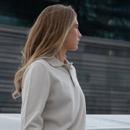 MA25 Cashmere Polo Sweater by Mawei, off white, side view, female model.
