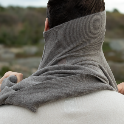 MA21 Cashmere Turtleneck Sweater by Mawei, grey-brown, rear view, close-up, male model.