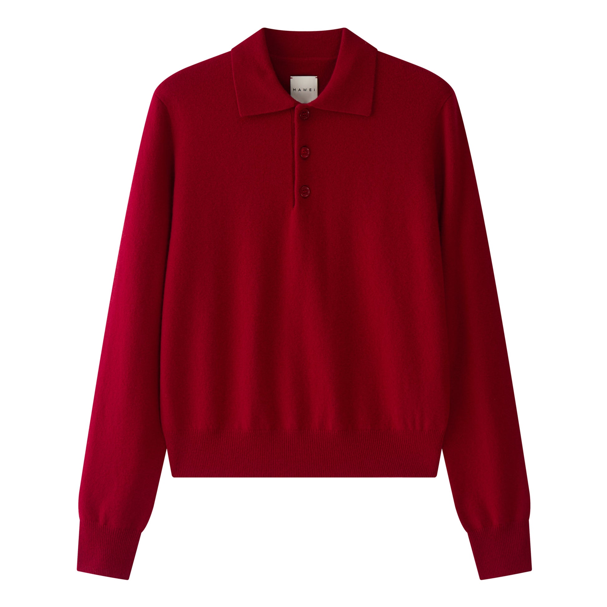 MA05 Cashmere Polo Sweater by Mawei, red, flat lay, front view.
