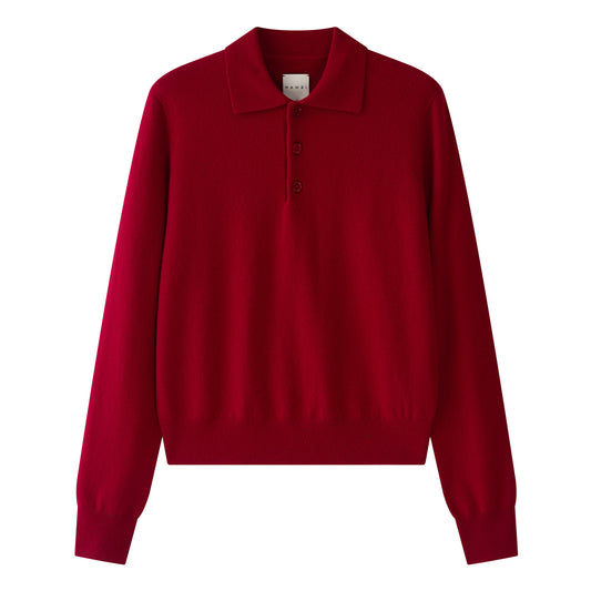 MA05 Cashmere Polo Sweater by Mawei, red, flat lay, front view.