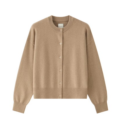 MA06 Cashmere Crewneck Cardigan by Mawei, beige camel, flat lay, front view.