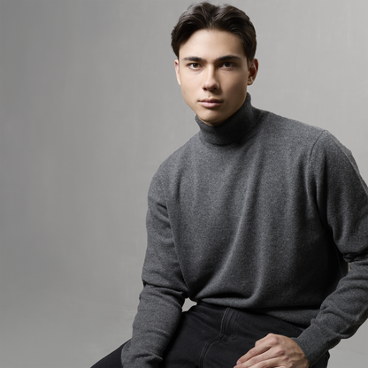 MA21 Cashmere Turtleneck Sweater by Mawei, grey, front view, male model.