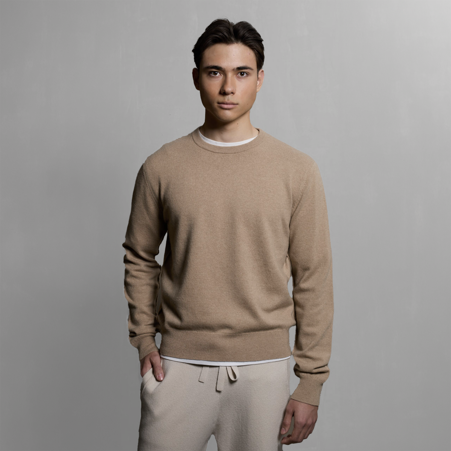 MA22 Cashmere Crewneck Sweater by Mawei, beige camel, front view, male model.