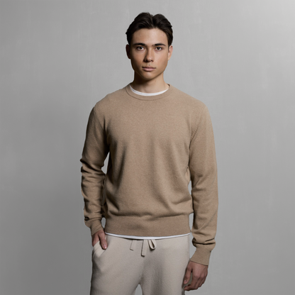 MA22 Cashmere Crewneck Sweater by Mawei, beige camel, front view, male model.