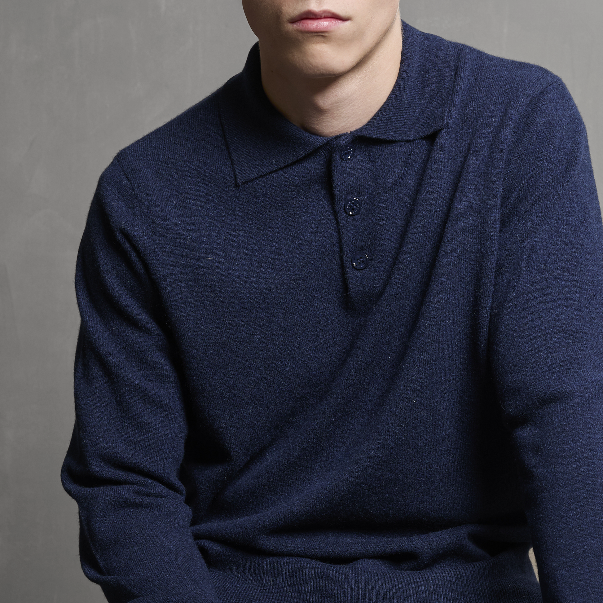 MA25 Cashmere Polo Sweater by Mawei, navy blue, front view, male model.