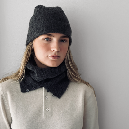 MA71 Cashmere Beanie and MA61 Cashmere Buff with Buttons by Mawei, grey, front view, female model.