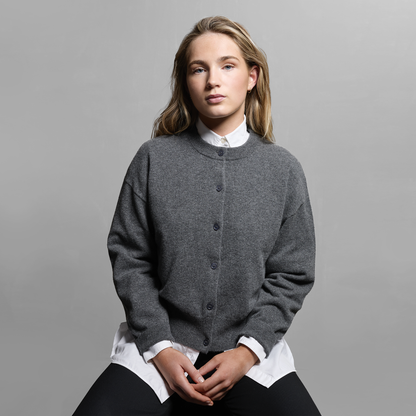 MA06 Cashmere Crewneck Cardigan by Mawei, grey, front view, female model.