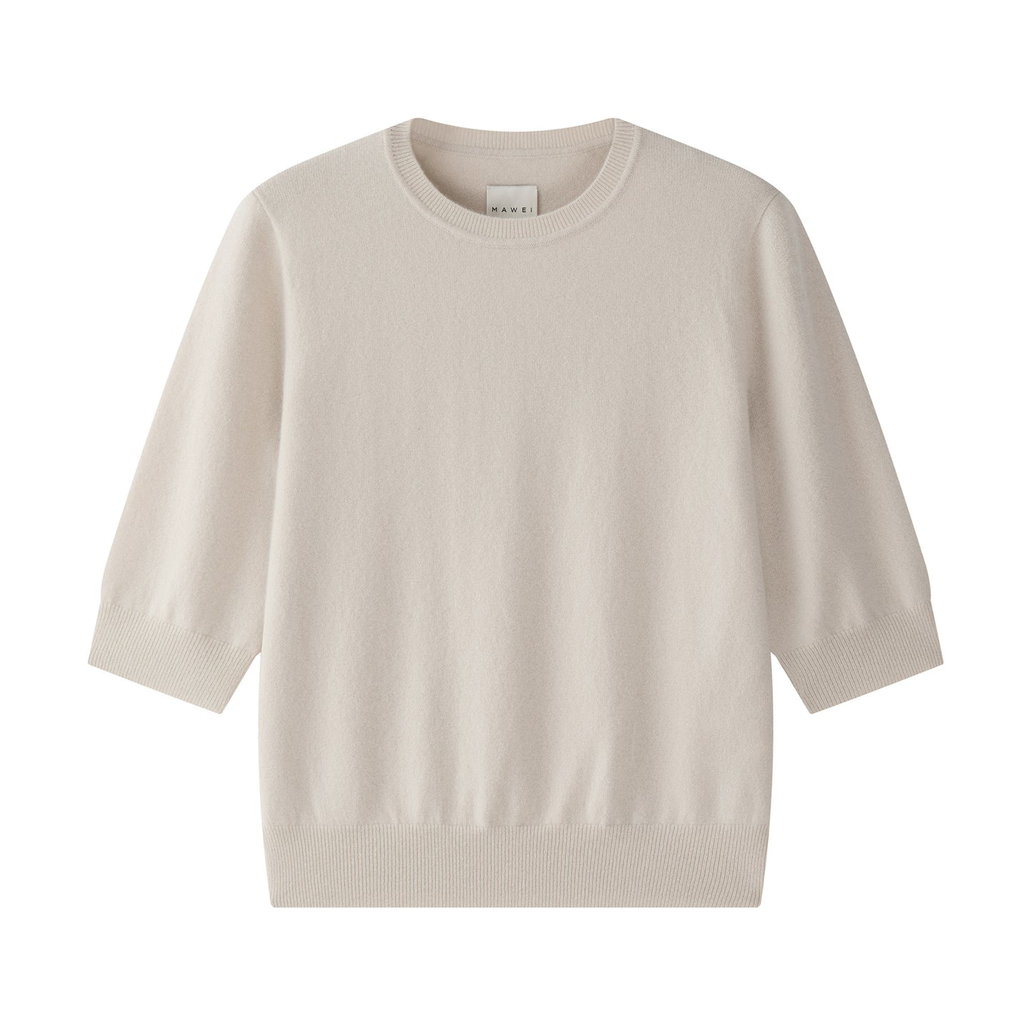 MA03 Cashmere Short Sleeve Crewneck Sweater by Mawei, off-white, flat lay.