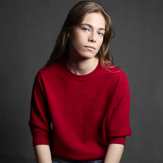MA03 Cashmere Short Sleeve Crewneck Sweater by Mawei, red, front view, female model.