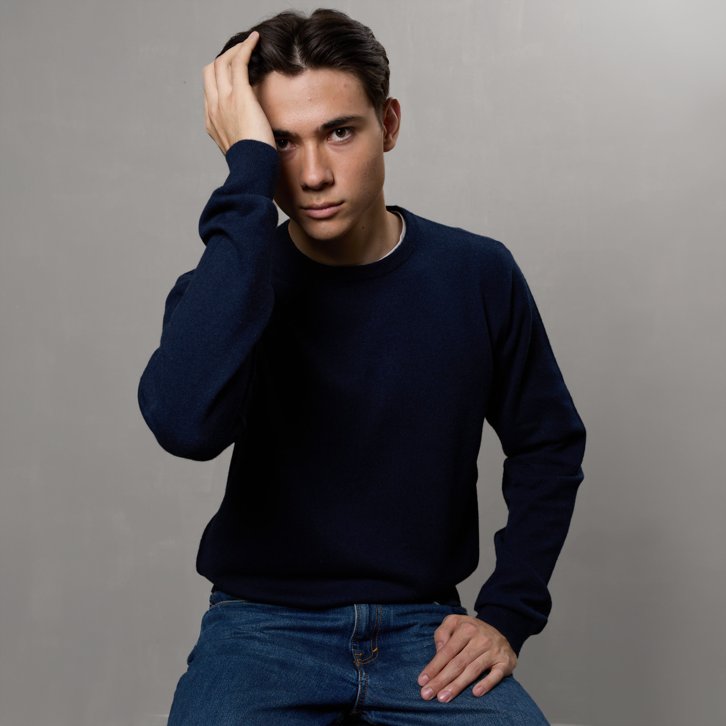 MA22 Cashmere Crewneck Sweater by Mawei, navy blue, front view, male model.