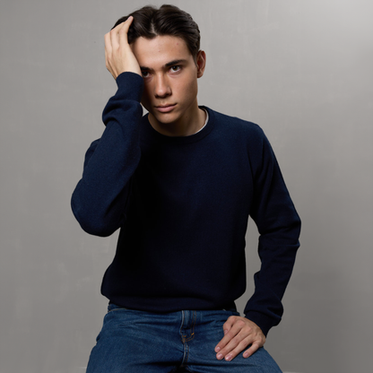 MA22 Cashmere Crewneck Sweater by Mawei, navy blue, front view, male model.