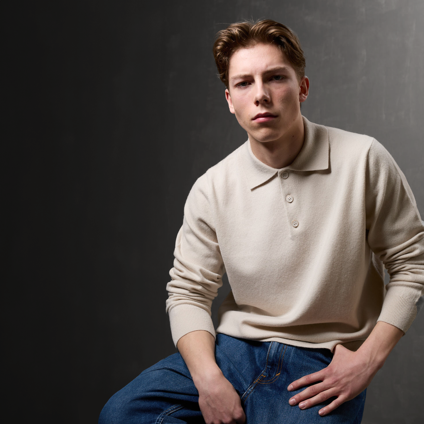 MA25 Cashmere Polo Sweater by Mawei, off white, front view, male model.