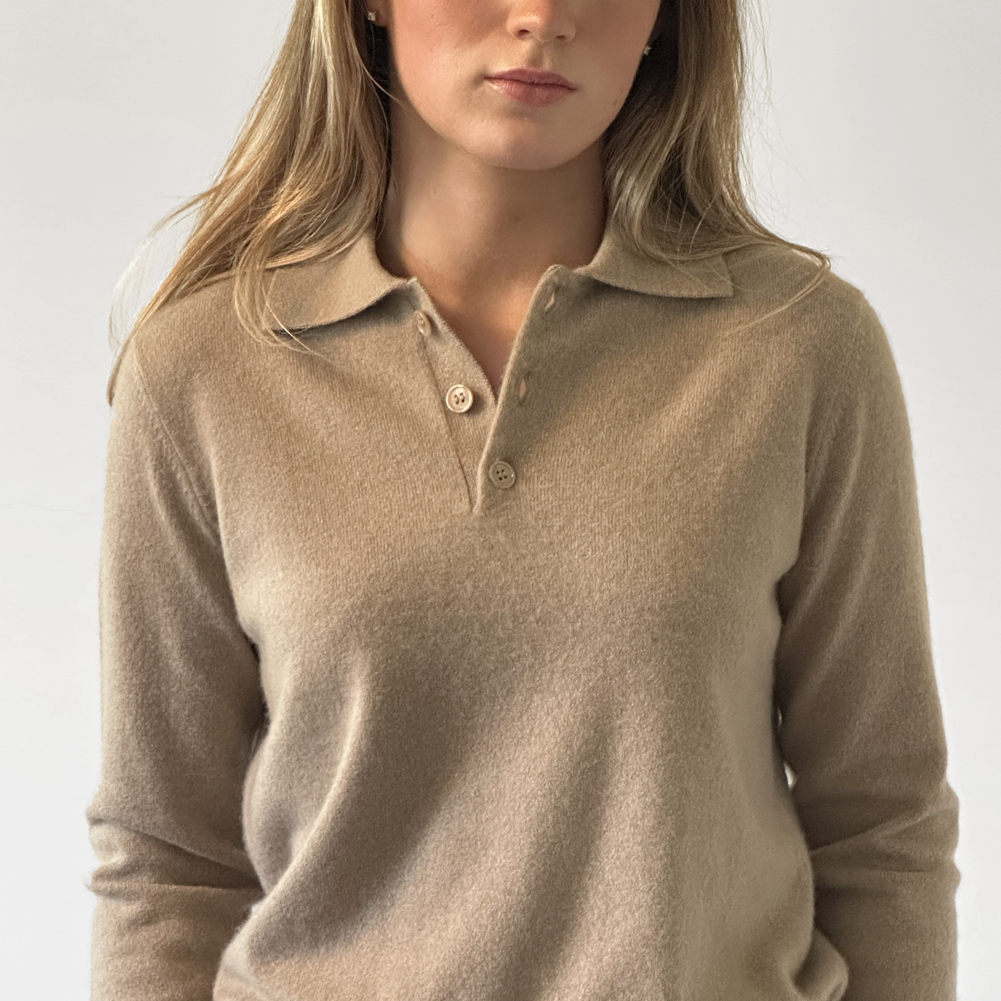 MA05 Cashmere Polo Sweater by Mawei, beige camel, front view, female model.