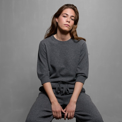 MA03 Cashmere Short Sleeve Crewneck Sweater by Mawei, grey, front view, female model.