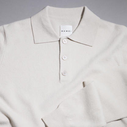 MA25 Cashmere Polo Sweater by Mawei, off white, flat lay.