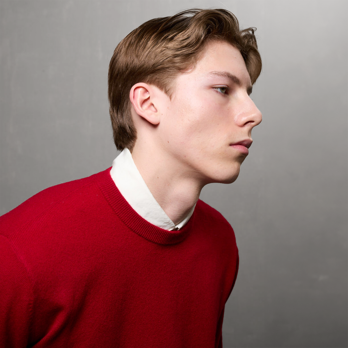 MA22 Cashmere Crewneck Sweater by Mawei, red, front view, male model.