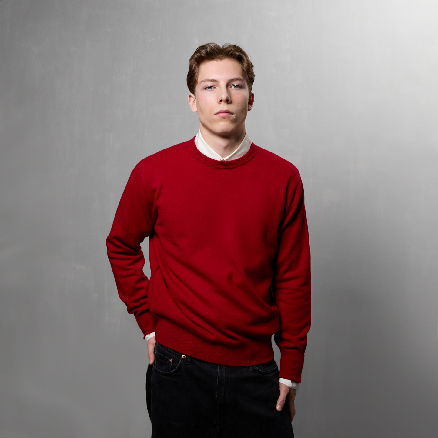 MA22 Cashmere Crewneck Sweater by Mawei, red, front view, male model.