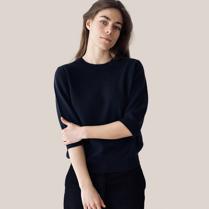 MA03 Cashmere Short Sleeve Crewneck Sweater by Mawei, navy blue, front view, female model.