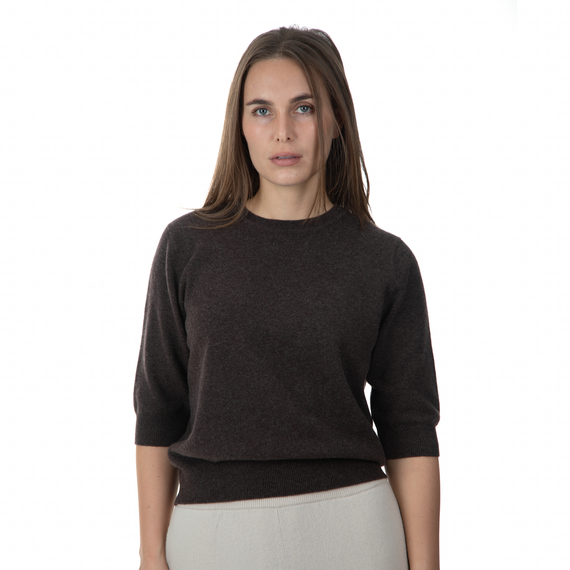 MA03 Cashmere Short Sleeve Crewneck Sweater by Mawei, brown, front view, female model.