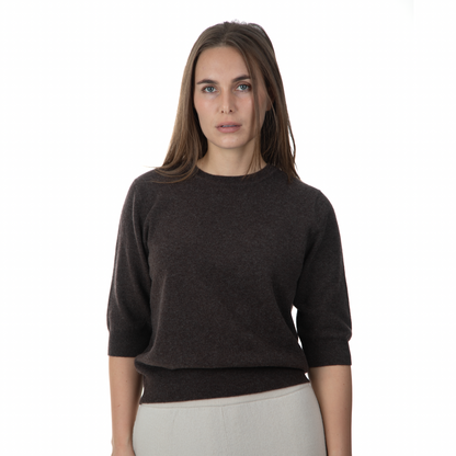 MA03 Cashmere Short Sleeve Crewneck Sweater by Mawei, brown, front view, female model.