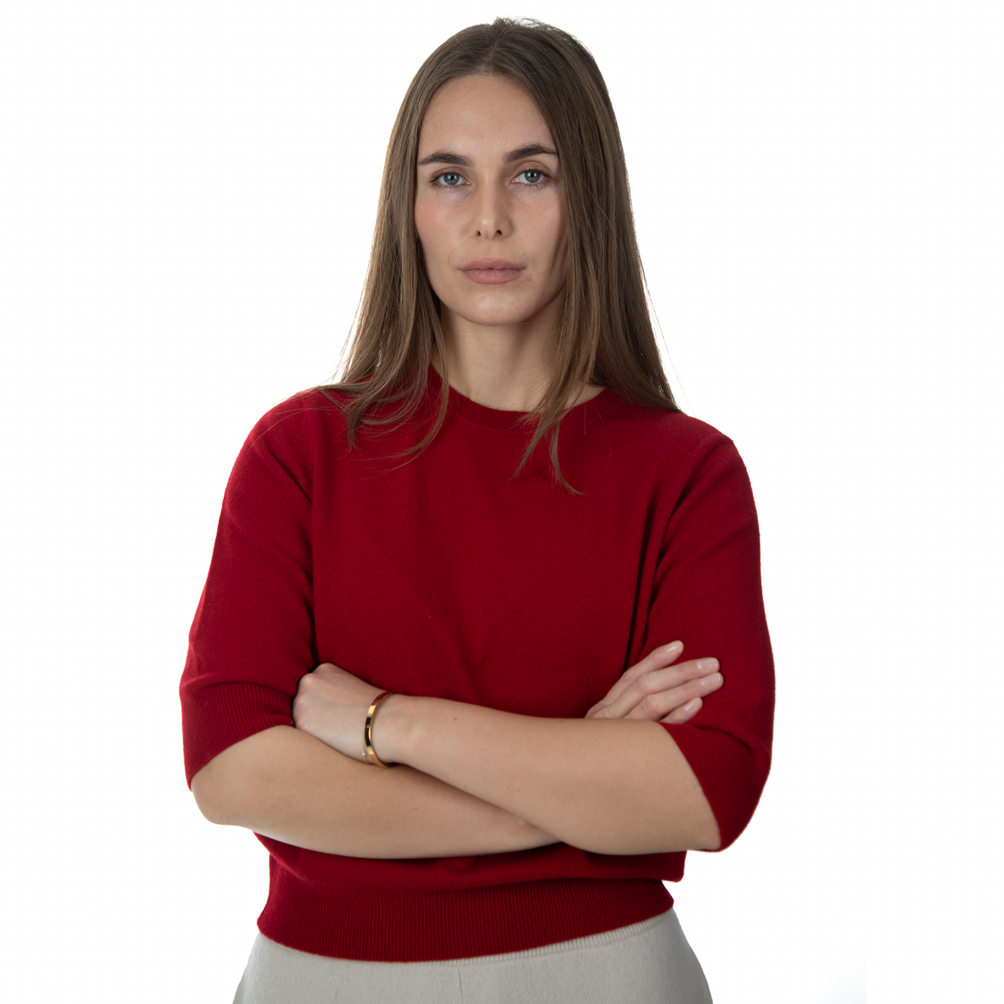 MA03 Cashmere Short Sleeve Crewneck Sweater by Mawei, red, front view, female model.