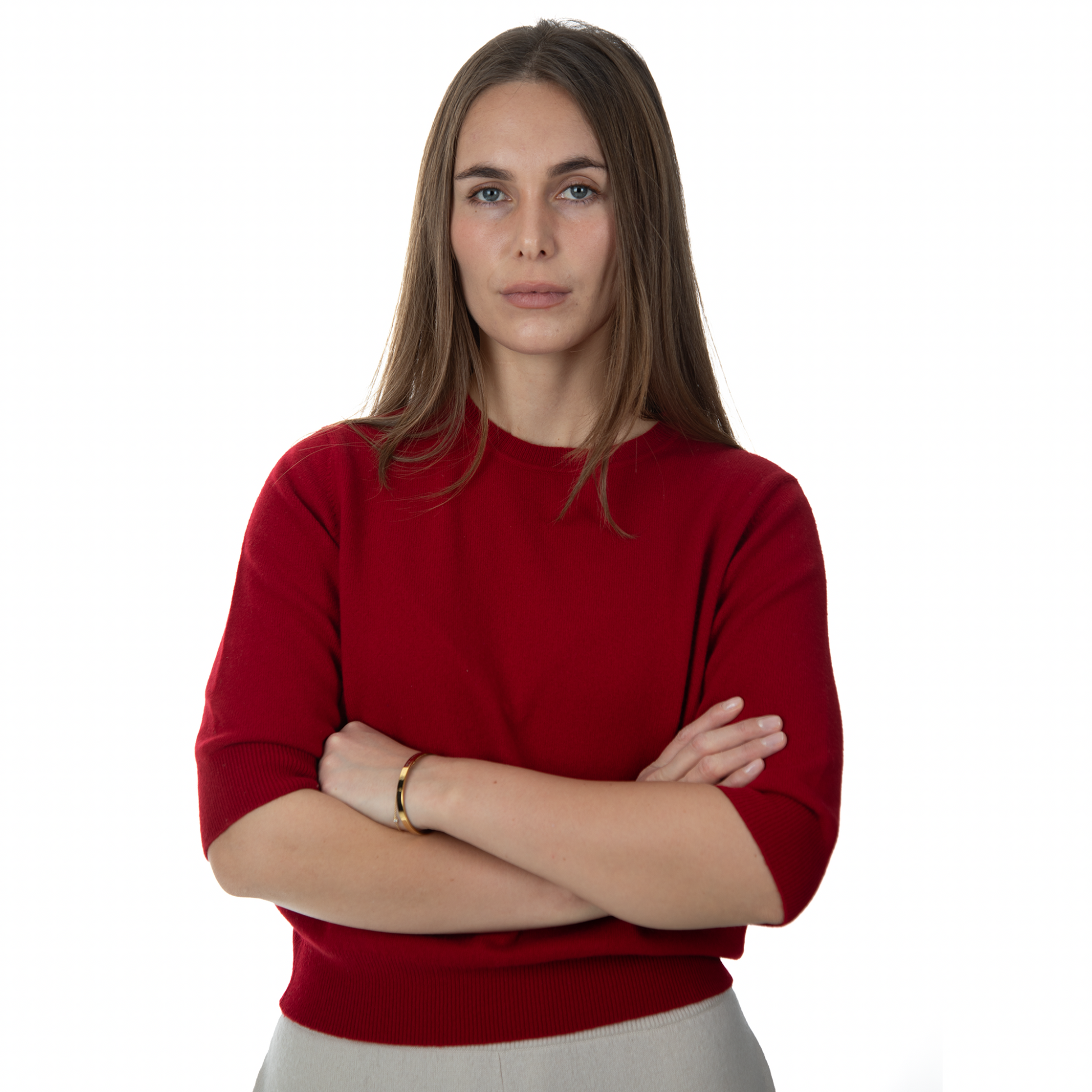 MA03 Cashmere Short Sleeve Crewneck Sweater by Mawei, red, front view, female model.