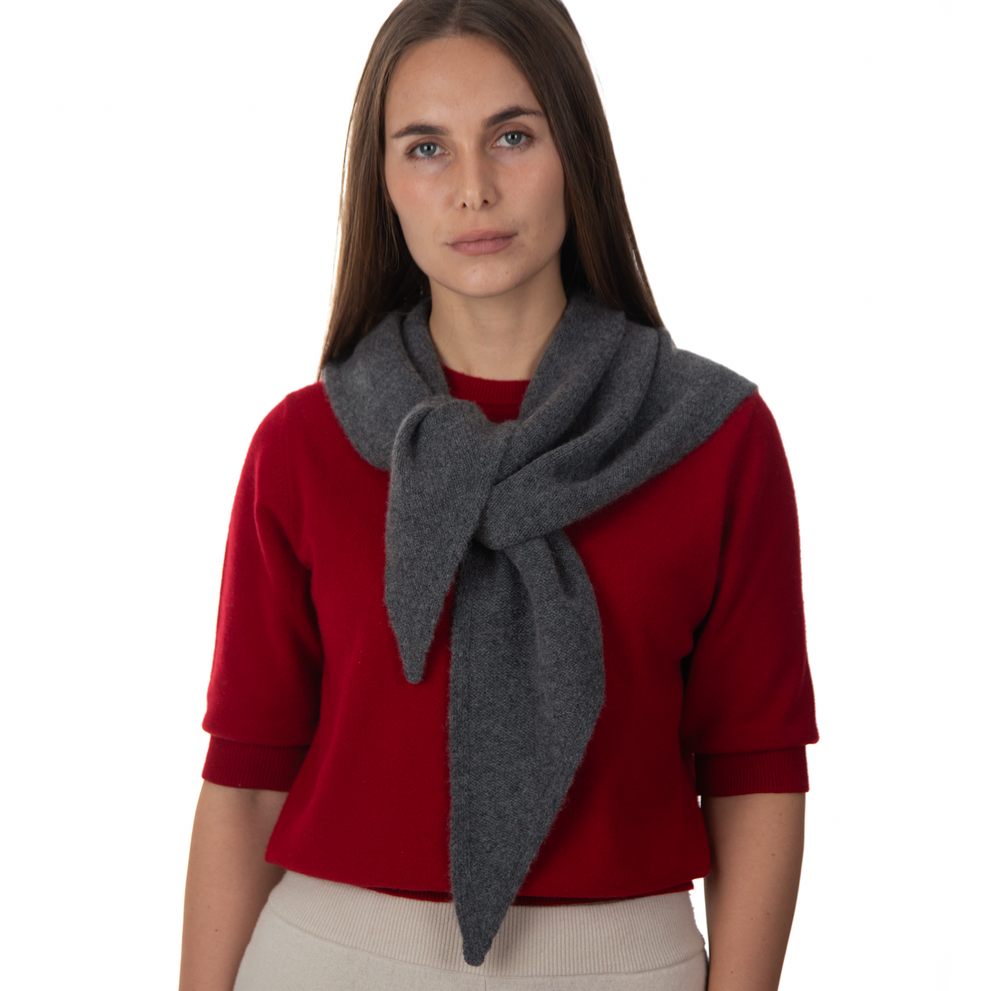 MA81 Cashmere Triangular Scarf grey, MA03 Cashmere Short Sleeve Crewneck red by Mawei, front view, female model.