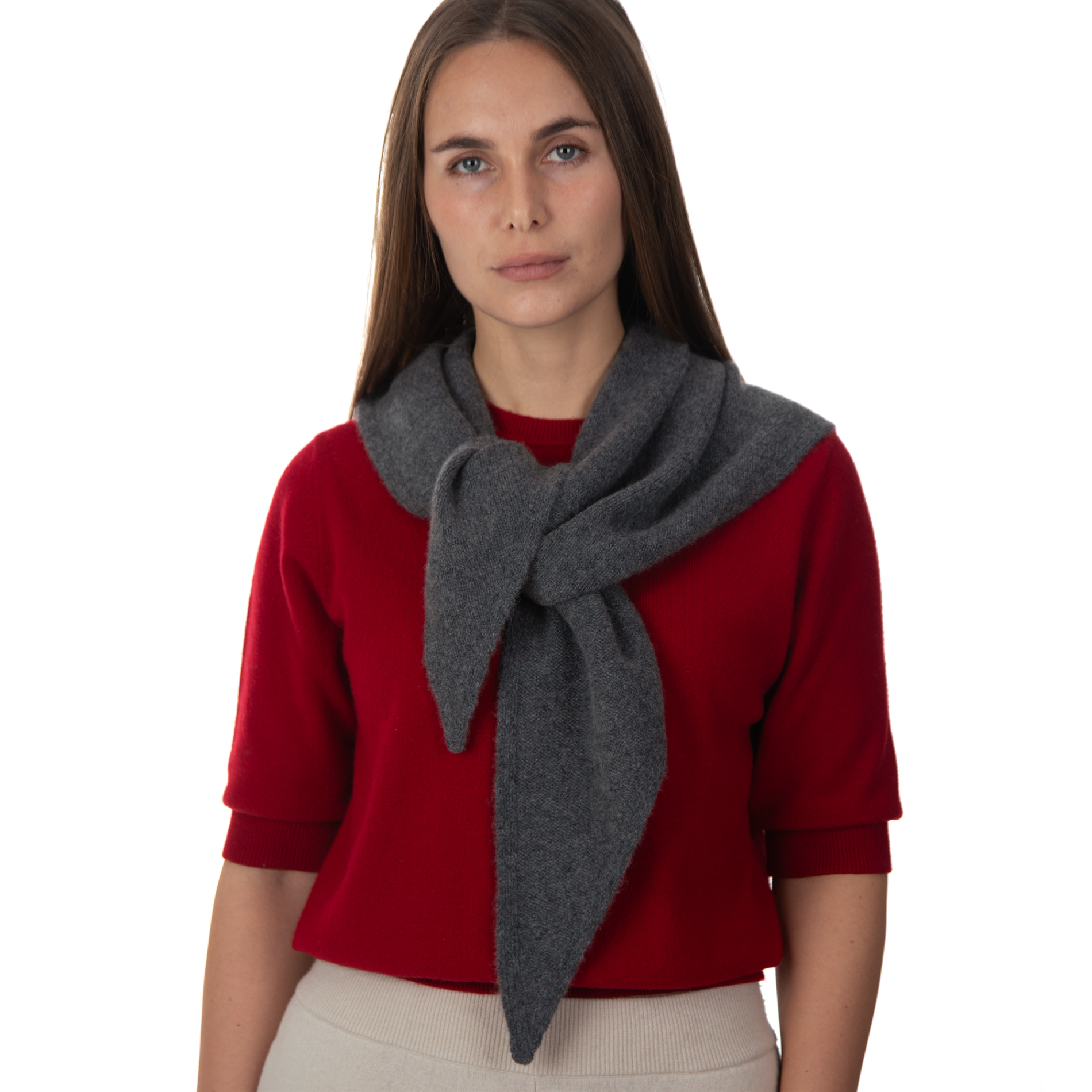 MA81 Cashmere Triangular Scarf grey, MA03 Cashmere Short Sleeve Crewneck red by Mawei, front view, female model.