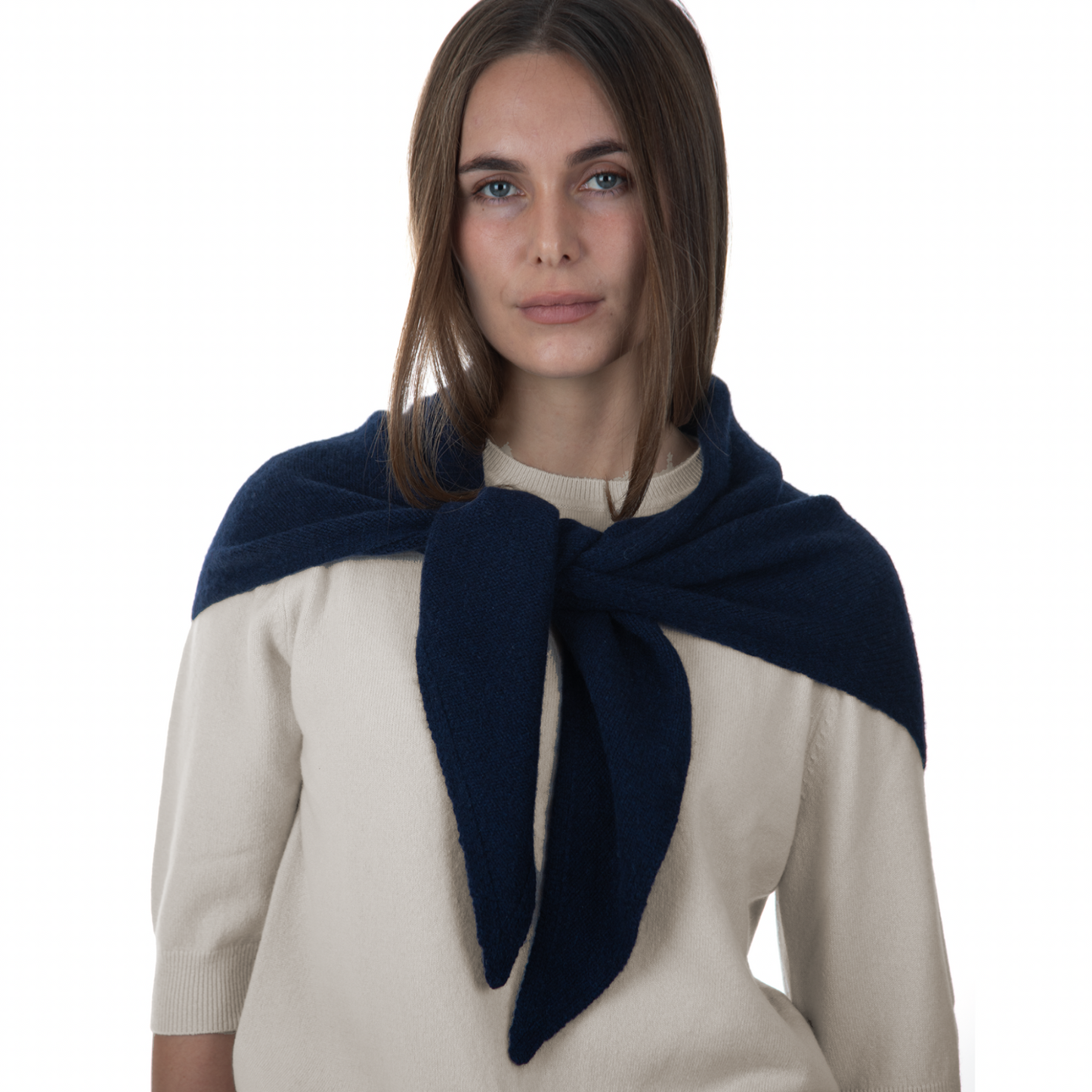 MA81 Cashmere Triangular Scarf by Mawei, navy blue, front view, female model.