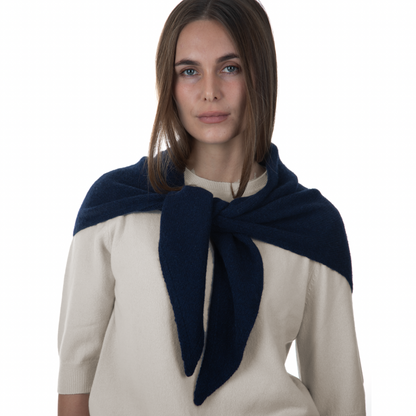 MA81 Cashmere Triangular Scarf by Mawei, navy blue, front view, female model.
