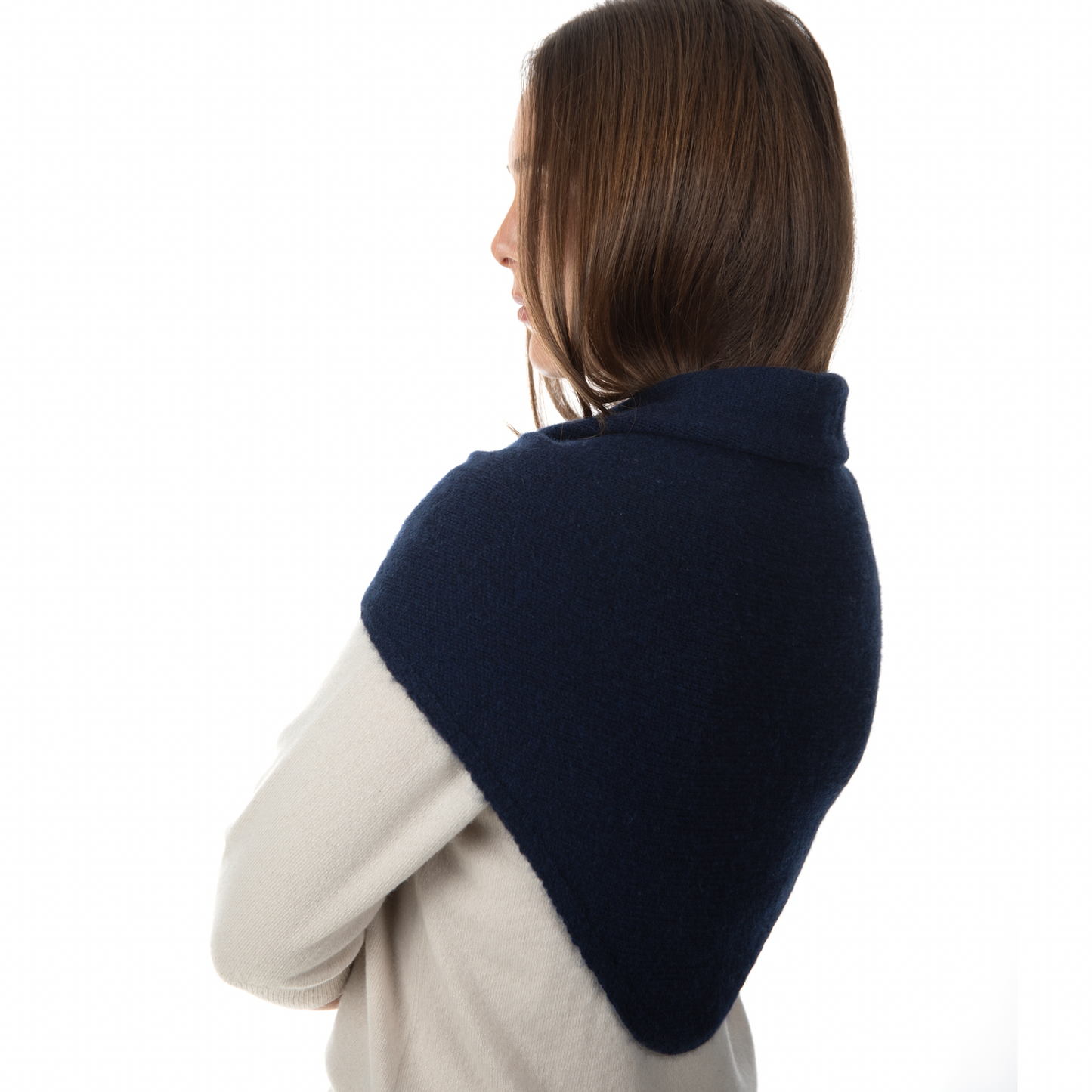 MA81 Cashmere Triangular Scarf by Mawei, navy blue, side view, female model.