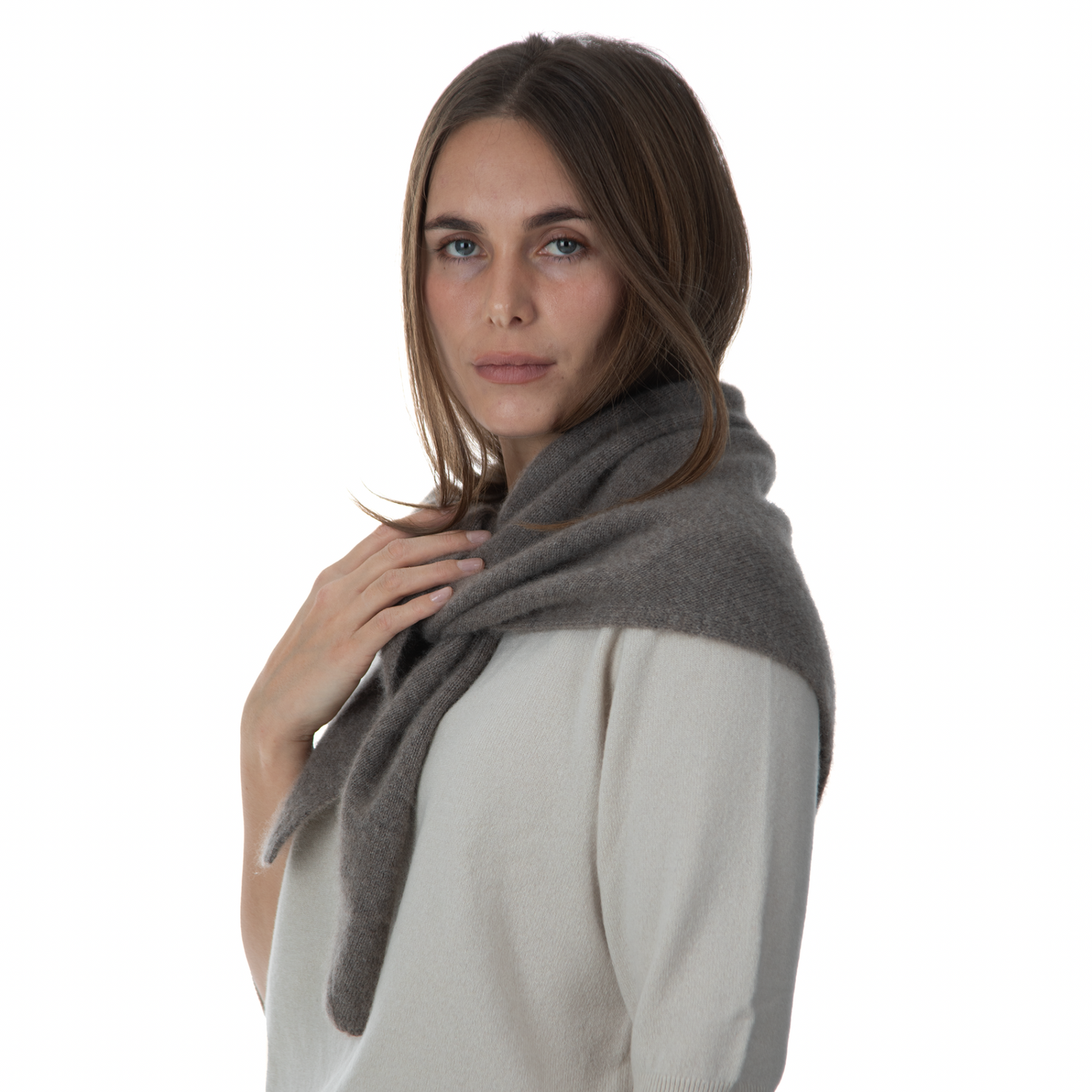 MA81 Cashmere Triangular Scarf by Mawei, grey brown, side view, female model.
