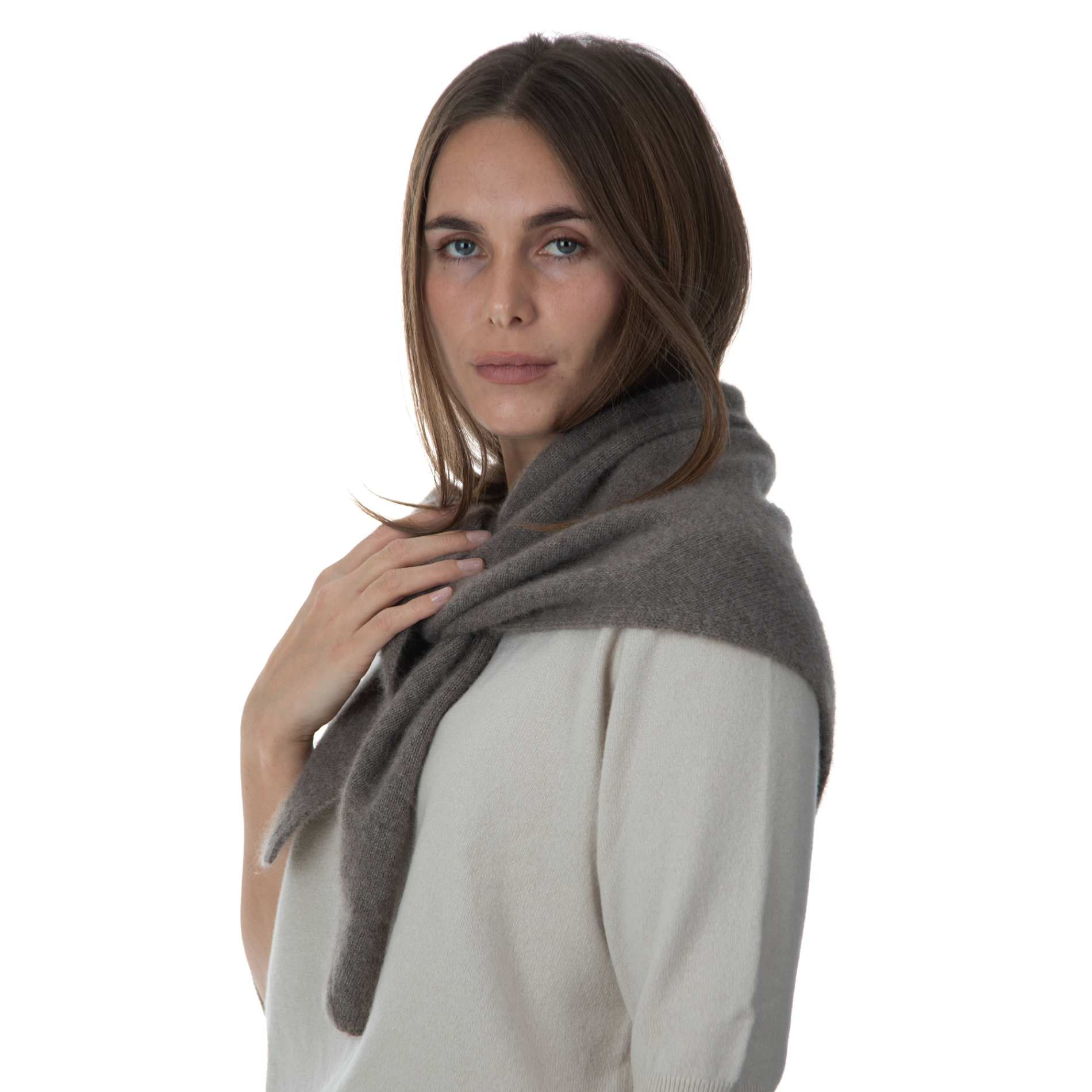 MA81 Cashmere Triangular Scarf by Mawei, grey brown, side view, female model.