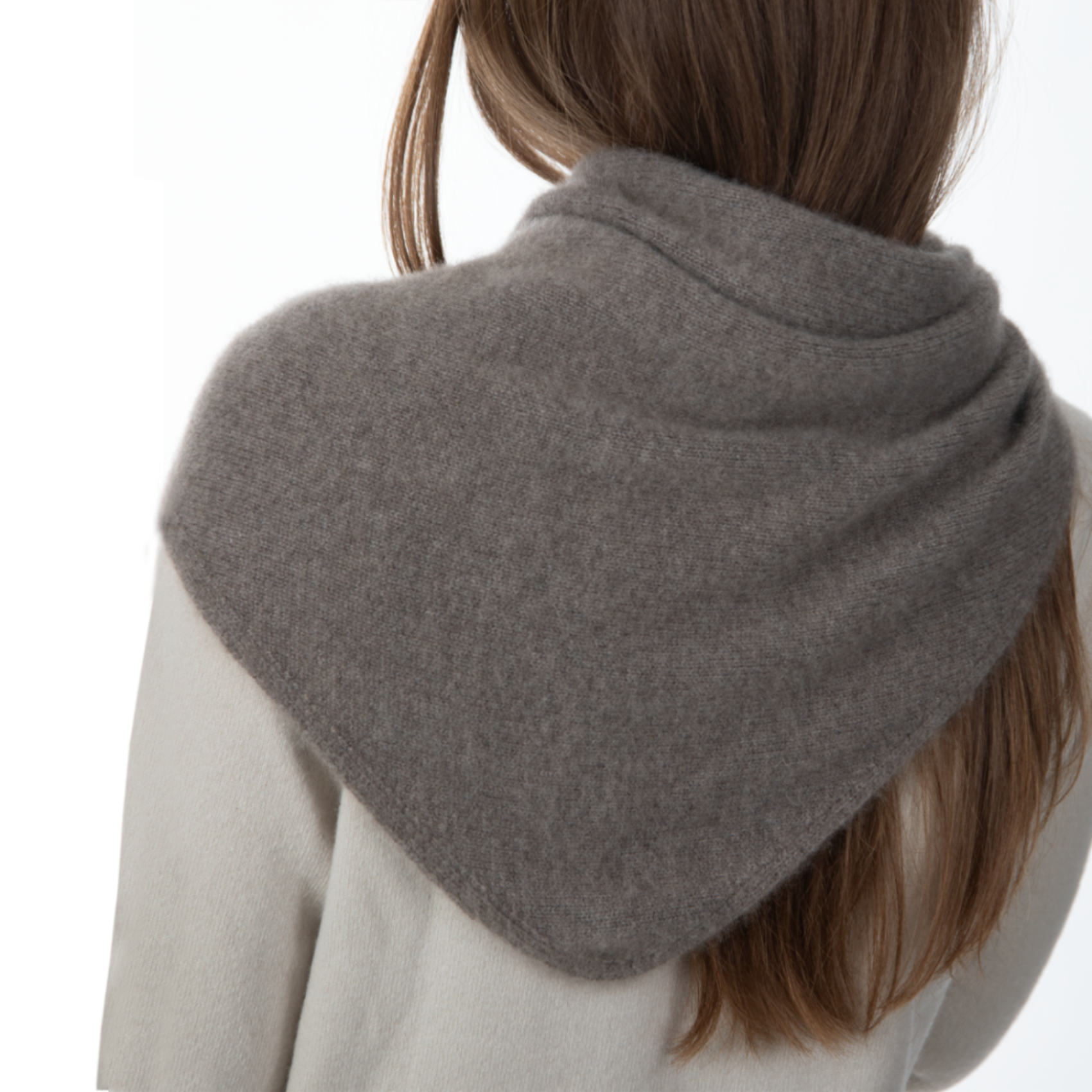MA81 Cashmere Triangular Scarf by Mawei, grey brown, front view, female model.