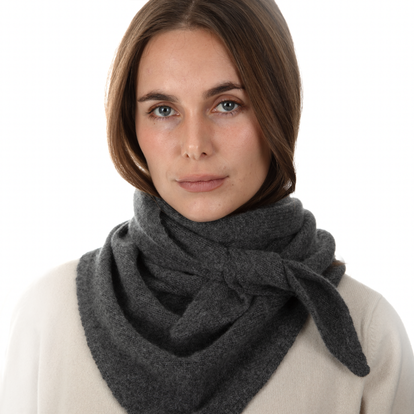 MA81 Cashmere Triangular Scarf by Mawei, grey, front view, female model.