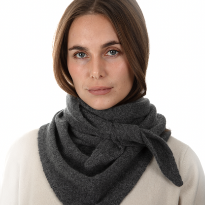 MA81 Cashmere Triangular Scarf by Mawei, grey, front view, female model.