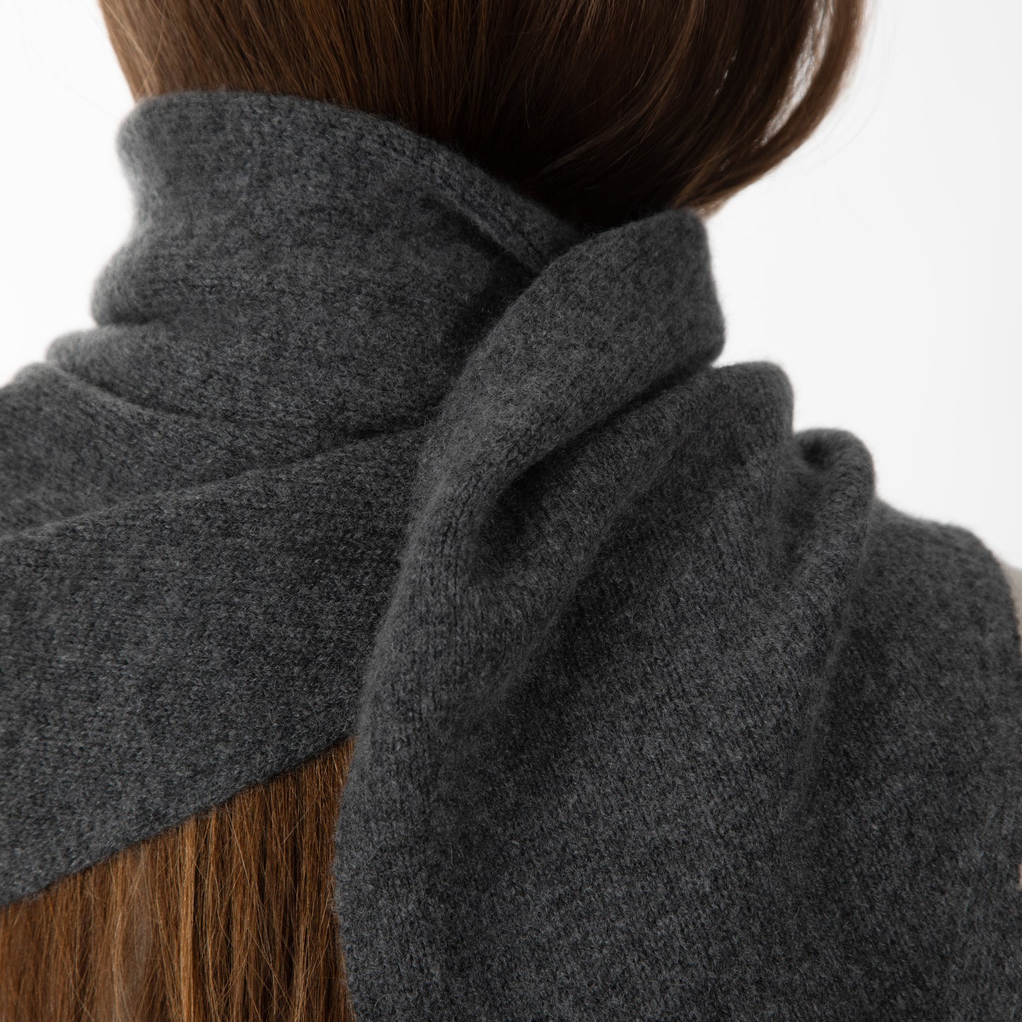 MA81 Cashmere Triangular Scarf by Mawei, grey, back view, female model.
