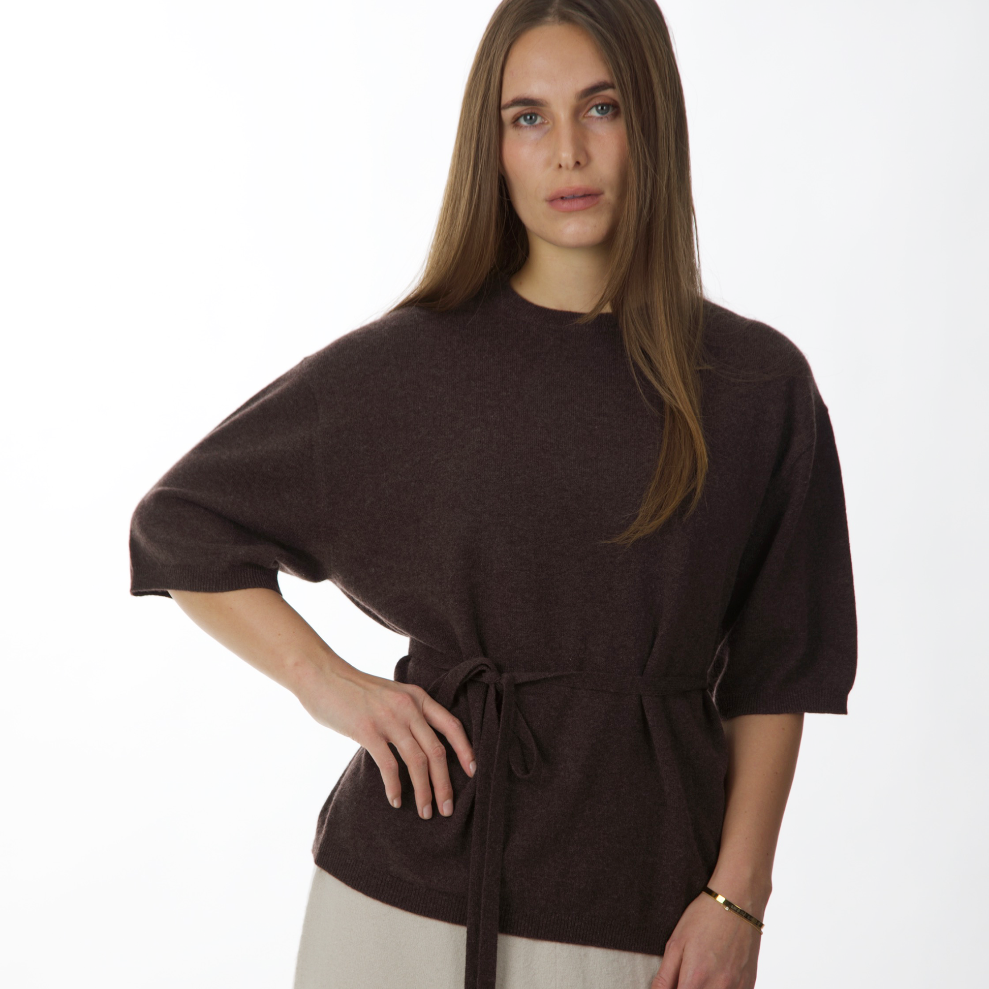 MA07 Cashmere Short Sleeve Crewneck Sweater by Mawei, brown, with MA91 cashmere ribbon brown, front view, female model