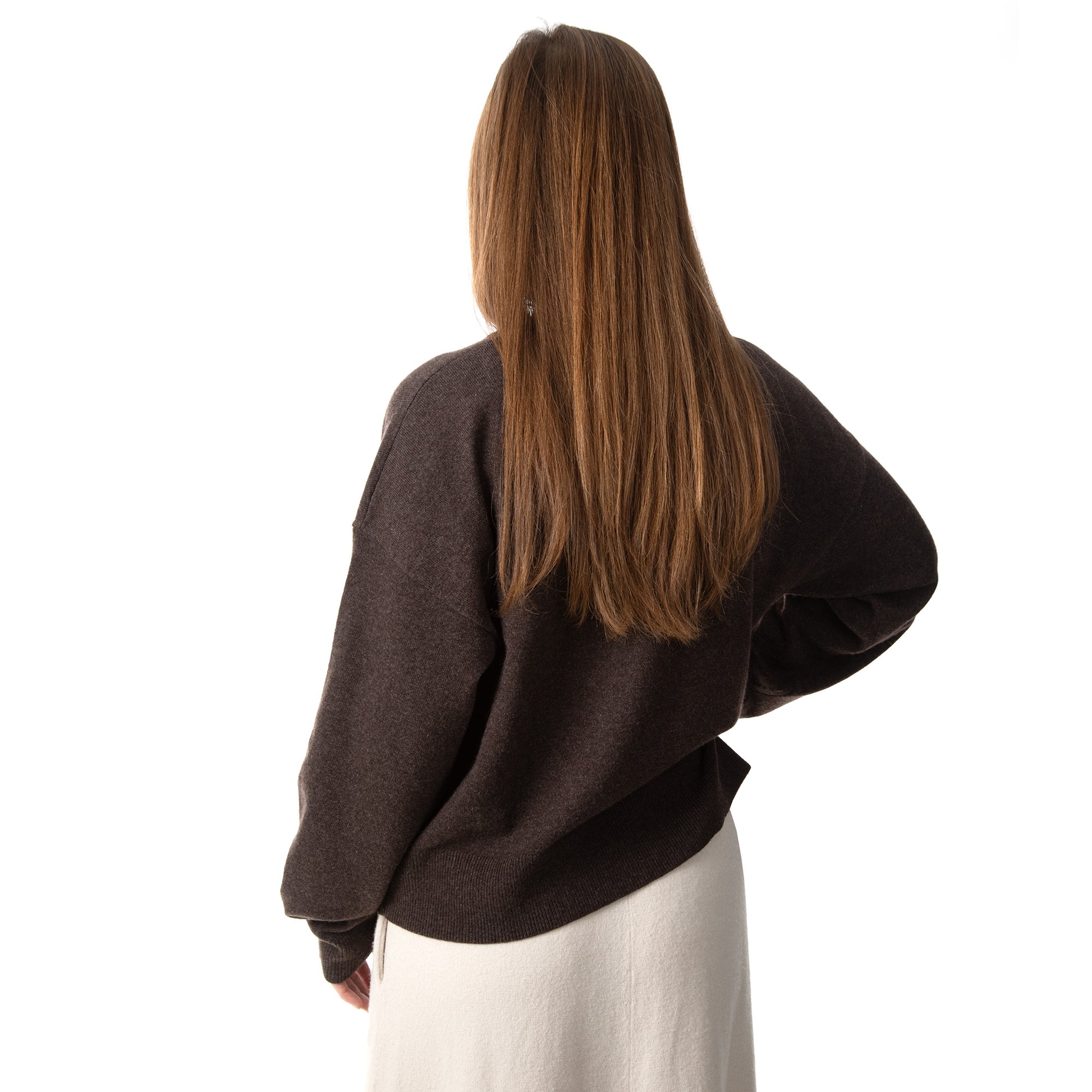 MA08 Oversized Cashmere  V-neck  Sweater by Mawei, brown, back view, female model