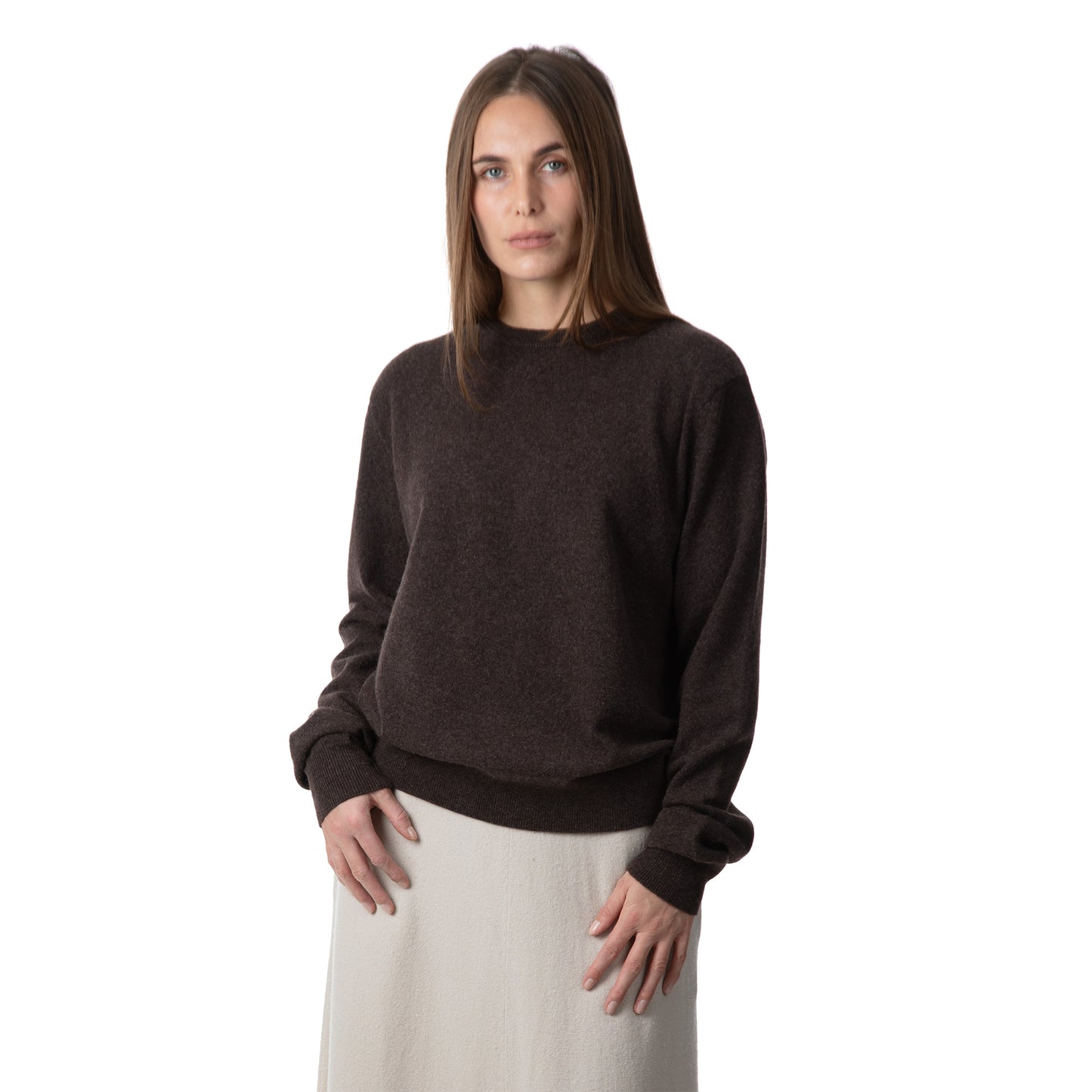 MA22 Cashmere Crewneck Sweater by Mawei, brown, front view, female model.