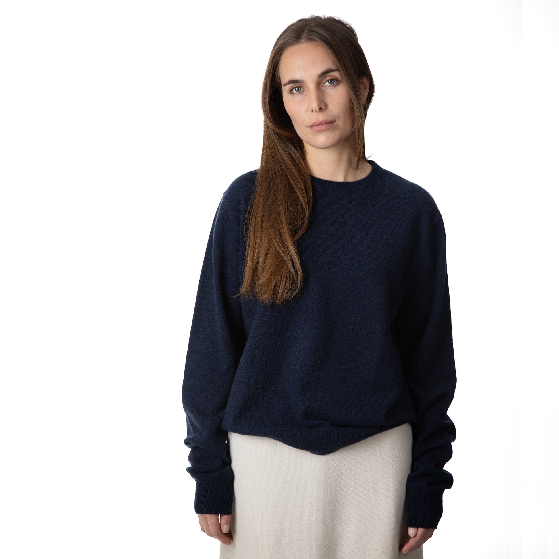 MA22 Cashmere Crewneck Sweater by Mawei, navy blue, front view, female model.