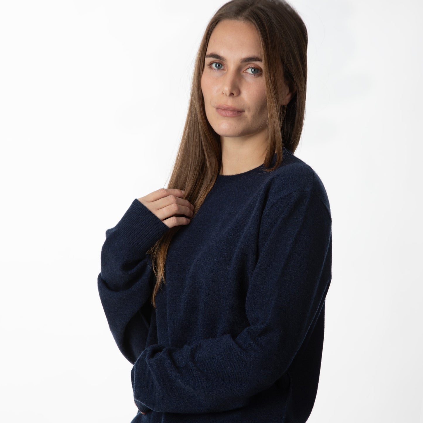 MA22 Cashmere Crewneck Sweater by Mawei, navy blue, side view, female model.