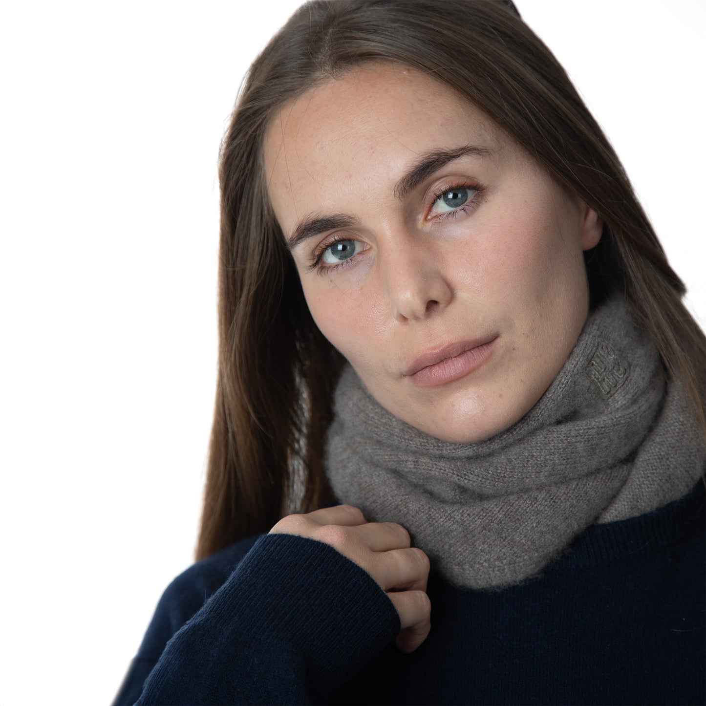 MA81 Cashmere Triangular Scarf by Mawei, grey brown, front view, scarf details close up, female model.
