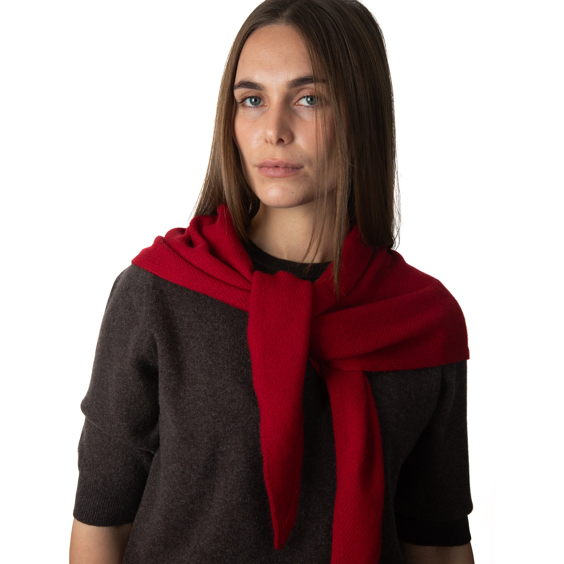 MA81 Cashmere Triangular Scarf by Mawei, red, front view, female model.