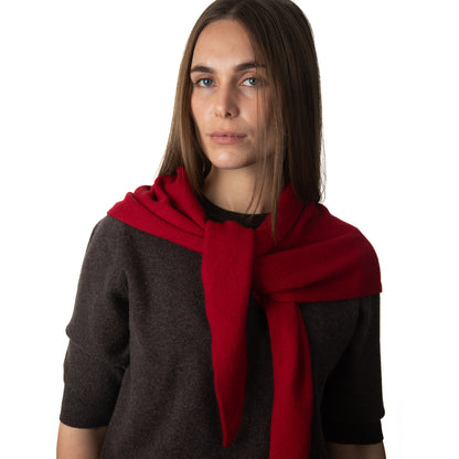 MA81 Cashmere Triangular Scarf by Mawei, red, front view, female model.